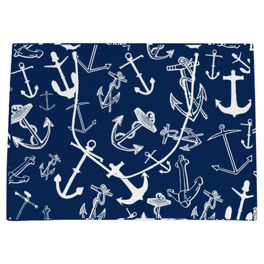 Nautical Navy Blue Anchor Pattern Groot Cadeauzakje (Voorkant)