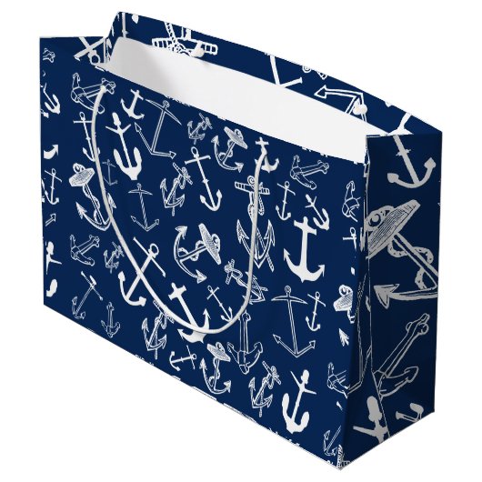 Nautical Navy Blue Anchor Pattern Groot Cadeauzakje (Achterkant Gekanteld)