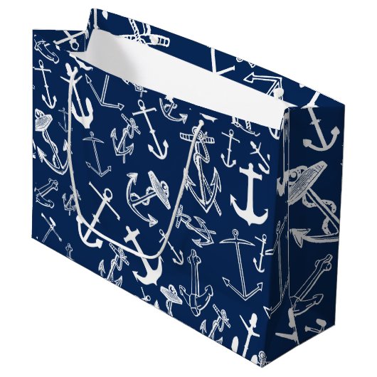 Nautical Navy Blue Anchor Pattern Groot Cadeauzakje (Voorkant Gekanteld)