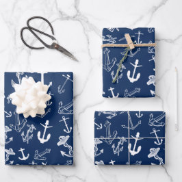 Nautical Navy Blue Anchor Pattern Inpakpapier Vel