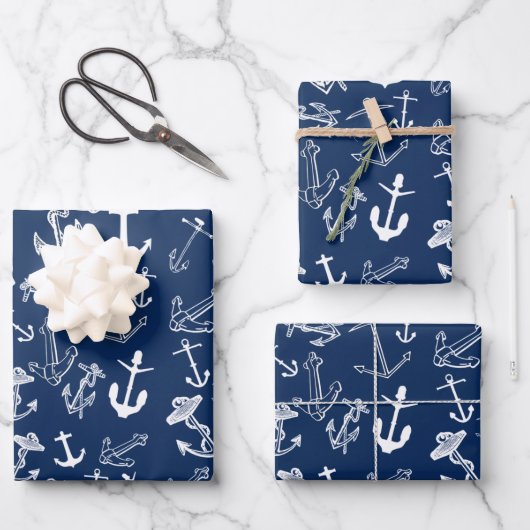 Nautical Navy Blue Anchor Pattern Inpakpapier Vel (Voorkant)