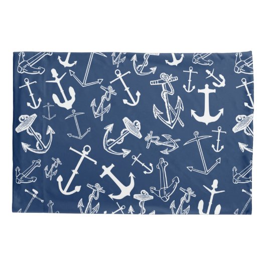 Nautical Navy Blue Anchor Pattern Kussensloop (Achterkant)