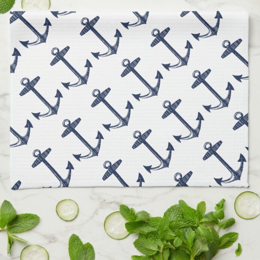Nautical Navy Blue Anchor Pattern Theedoek (Gevouwen)