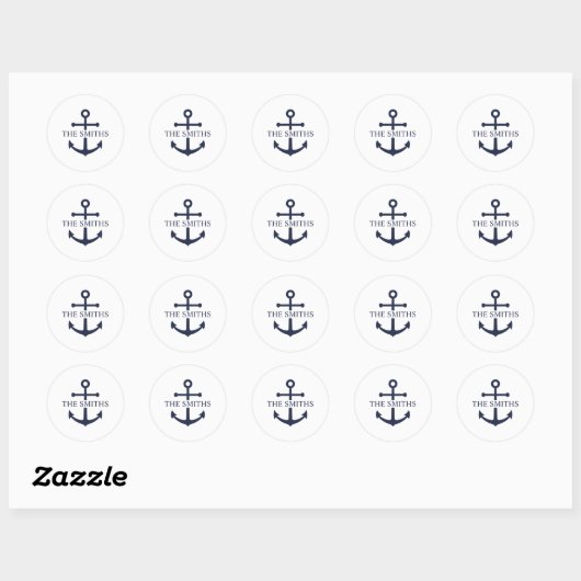 Nautical Navy Blue Anchor Personalized Family Name Ronde Sticker (Vel)