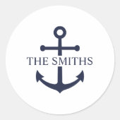 Nautical Navy Blue Anchor Personalized Family Name Ronde Sticker (Voorkant)