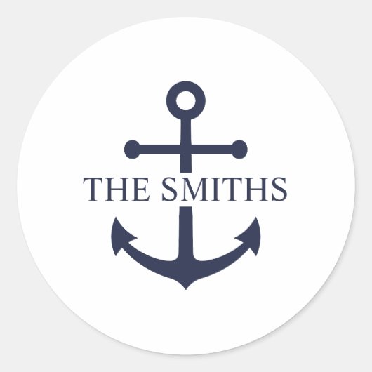 Nautical Navy Blue Anchor Personalized Family Name Ronde Sticker (Voorkant)