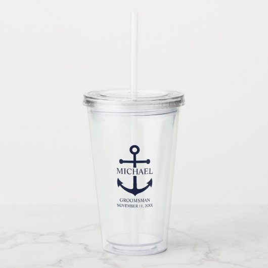 Nautical Navy Blue Anchor Personalized Groomsmen Acryl Drinkbeker (Voorkant)