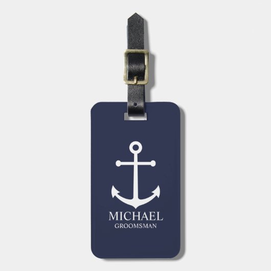 Nautical Navy Blue Anchor Personalized Groomsmen Bagagelabel (Voorkant verticaal)