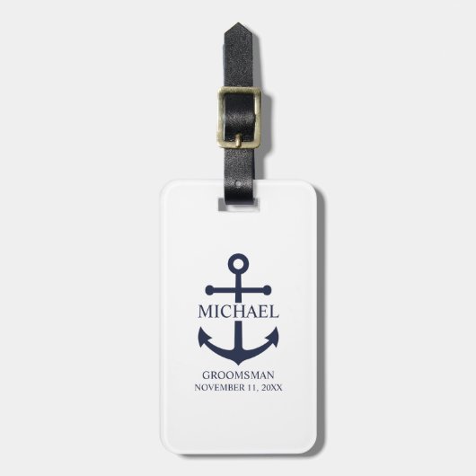 Nautical Navy Blue Anchor Personalized Groomsmen Bagagelabel (Voorkant verticaal)