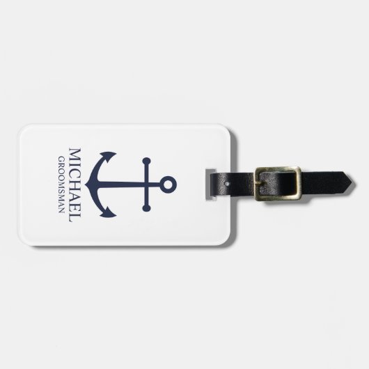 Nautical Navy Blue Anchor Personalized Groomsmen Bagagelabel (Voorkant horizontaal)