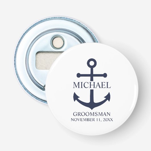 Nautical Navy Blue Anchor Personalized Groomsmen Button Flesopener (Voorkant)