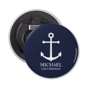 Nautical Navy Blue Anchor Personalized Groomsmen Button Flesopener
