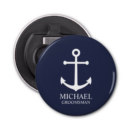 Nautical Navy Blue Anchor Personalized Groomsmen Button Flesopener (Voorkant)