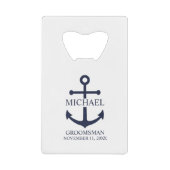 Nautical Navy Blue Anchor Personalized Groomsmen Creditkaart Flessenopener (Voorkant)