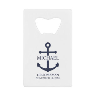 Nautical Navy Blue Anchor Personalized Groomsmen Creditkaart Flessenopener
