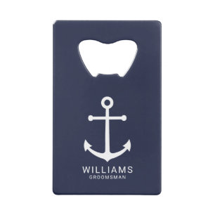 Nautical Navy Blue Anchor Personalized Groomsmen Creditkaart Flessenopener