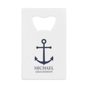 Nautical Navy Blue Anchor Personalized Groomsmen Creditkaart Flessenopener