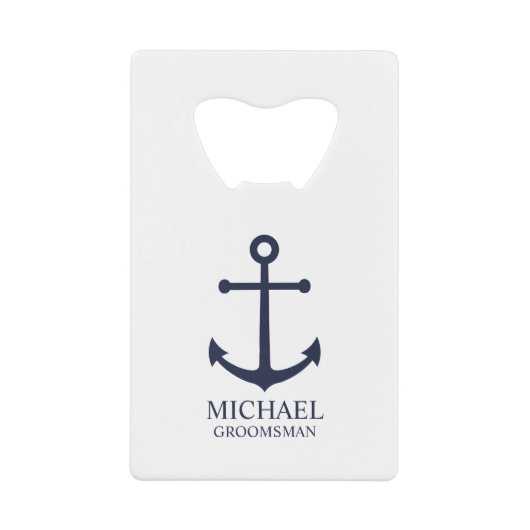 Nautical Navy Blue Anchor Personalized Groomsmen Creditkaart Flessenopener (Voorkant)