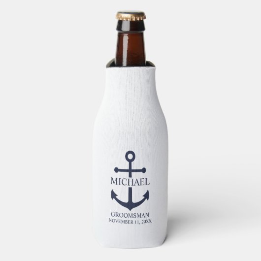 Nautical Navy Blue Anchor Personalized Groomsmen Flesjeskoeler (Fles Voorkant)