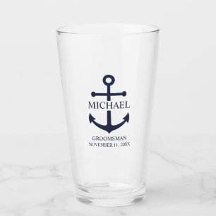 Nautical Navy Blue Anchor Personalized Groomsmen Glas
