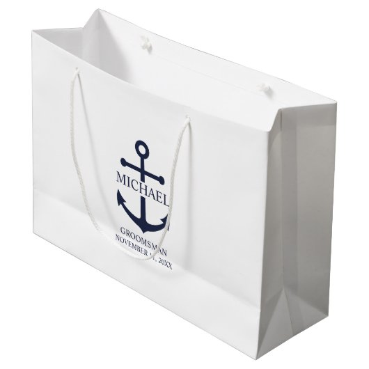 Nautical Navy Blue Anchor Personalized Groomsmen Groot Cadeauzakje (Voorkant Gekanteld)