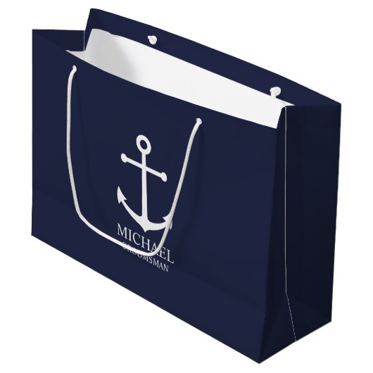 Nautical Navy Blue Anchor Personalized Groomsmen Groot Cadeauzakje (Voorkant Gekanteld)