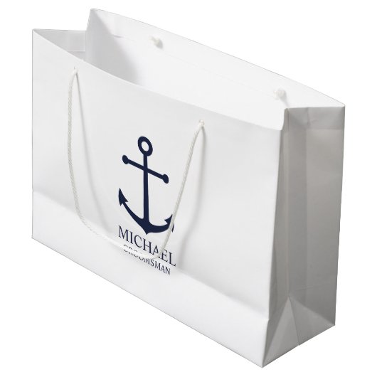 Nautical Navy Blue Anchor Personalized Groomsmen Groot Cadeauzakje (Voorkant Gekanteld)