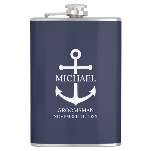Nautical Navy Blue Anchor Personalized Groomsmen Heupfles (Voorkant)