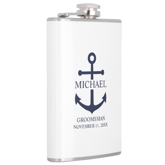 Nautical Navy Blue Anchor Personalized Groomsmen Heupfles (Rechts)