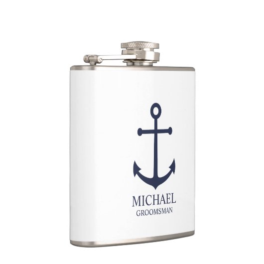 Nautical Navy Blue Anchor Personalized Groomsmen Heupfles (Rechts)