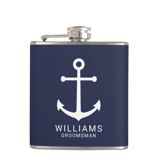Nautical Navy Blue Anchor Personalized Groomsmen Heupfles (Voorkant)