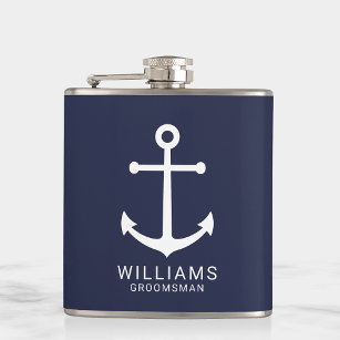 Nautical Navy Blue Anchor Personalized Groomsmen Heupfles
