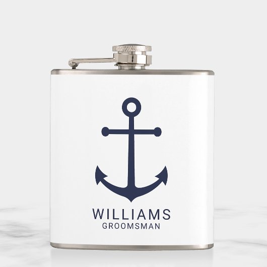 Nautical Navy Blue Anchor Personalized Groomsmen Heupfles