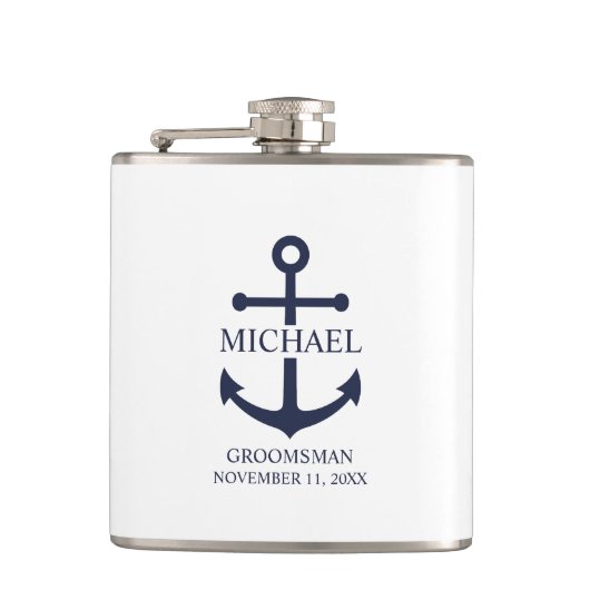 Nautical Navy Blue Anchor Personalized Groomsmen Heupfles (Voorkant)