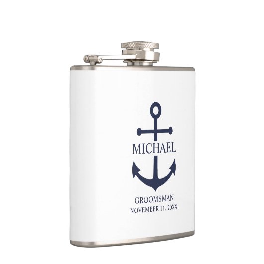 Nautical Navy Blue Anchor Personalized Groomsmen Heupfles (Rechts)