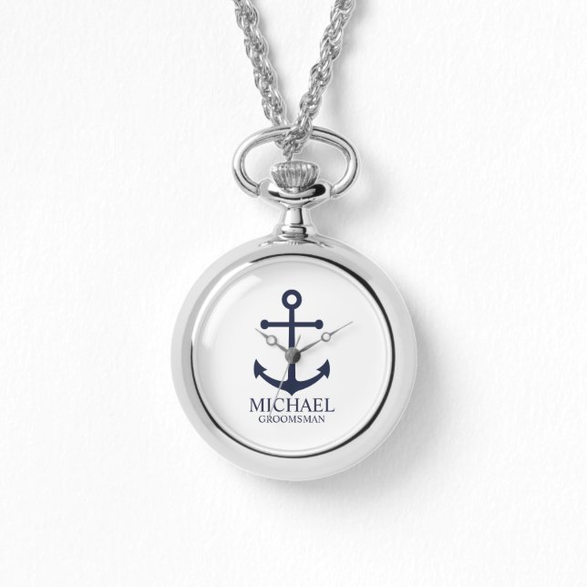 Nautical Navy Blue Anchor Personalized Groomsmen Horloge (Voorkant)