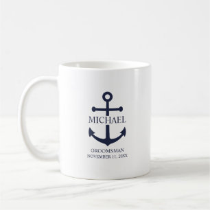 Nautical Navy Blue Anchor Personalized Groomsmen Koffiemok