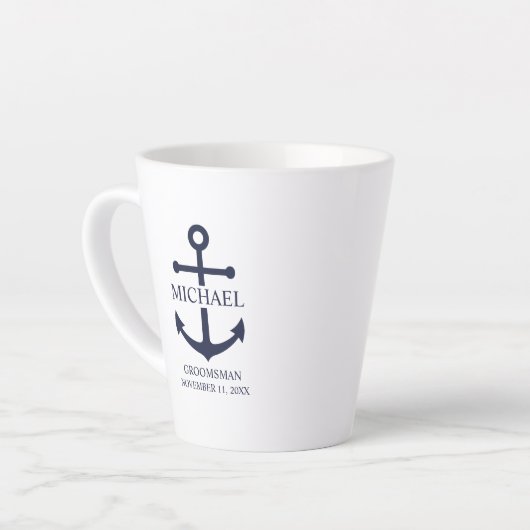 Nautical Navy Blue Anchor Personalized Groomsmen Latte Mok (Linkerhoek)