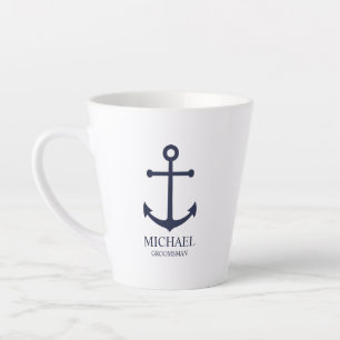 Nautical Navy Blue Anchor Personalized Groomsmen Latte Mok