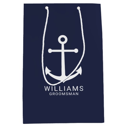 Nautical Navy Blue Anchor Personalized Groomsmen Medium Cadeauzakje (Voorkant)