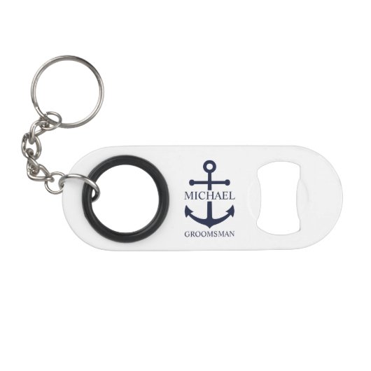 Nautical Navy Blue Anchor Personalized Groomsmen Mini Flessenopener (Voorkant (Horizontaal))