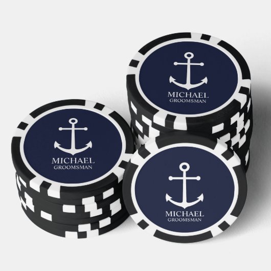 Nautical Navy Blue Anchor Personalized Groomsmen Poker Chips (Opstapeling)