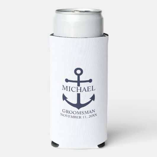 Nautical Navy Blue Anchor Personalized Groomsmen Seltzer Blikjeskoeler (Seltzer Voorkant)