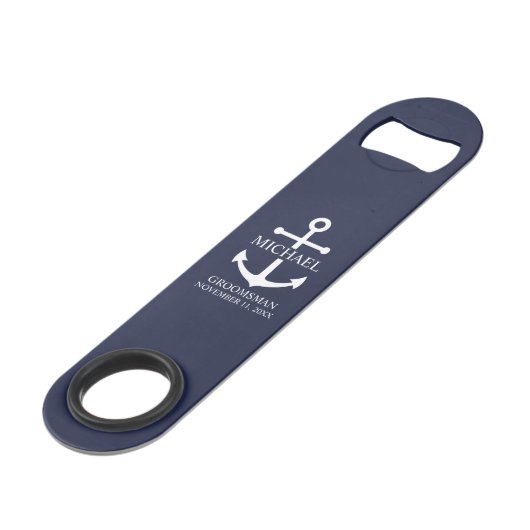 Nautical Navy Blue Anchor Personalized Groomsmen Speed Flessenopener (Voorkant Gekanteld)