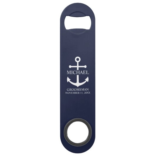 Nautical Navy Blue Anchor Personalized Groomsmen Speed Flessenopener (Voorkant)