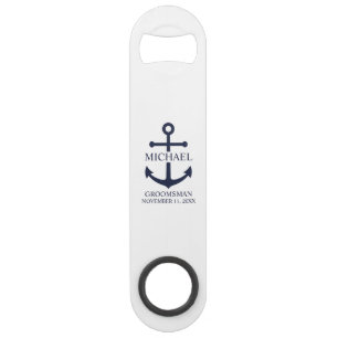 Nautical Navy Blue Anchor Personalized Groomsmen Speed Flessenopener