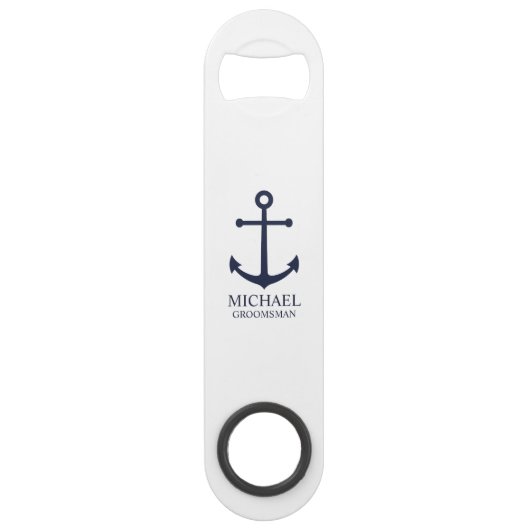 Nautical Navy Blue Anchor Personalized Groomsmen Speed Flessenopener (Voorkant)