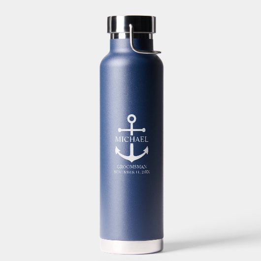 Nautical Navy Blue Anchor Personalized Groomsmen Waterfles (Links)