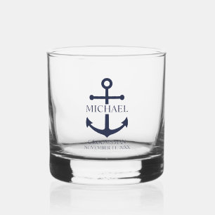 Nautical Navy Blue Anchor Personalized Groomsmen Whisky Glas