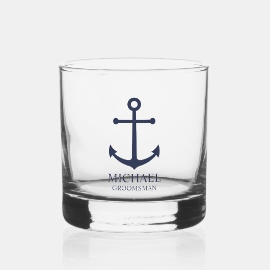 Nautical Navy Blue Anchor Personalized Groomsmen Whisky Glas (Voorkant)